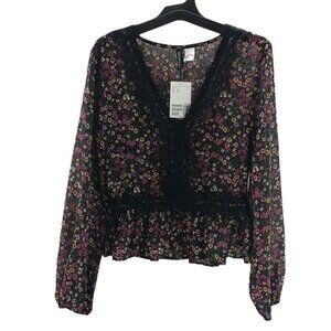 Divided Womens Floral Sheer Peplum Blouse Black Pink Long Sleeve Size 2